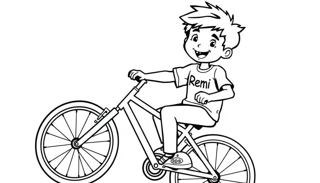 Kleurplaat van een lachende jongen van 6 jaar die op een fiets rijdt, met 'Remi' op zijn shirt.