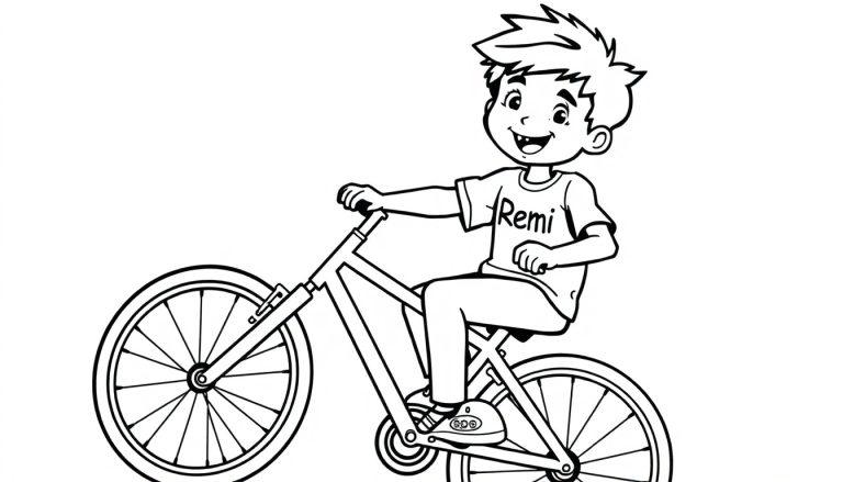 Kleurplaat van een lachende jongen van 6 jaar die op een fiets rijdt, met 'Remi' op zijn shirt.