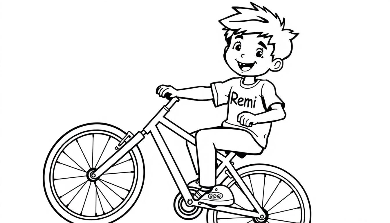 Kleurplaat van een lachende jongen van 6 jaar die op een fiets rijdt, met 'Remi' op zijn shirt.