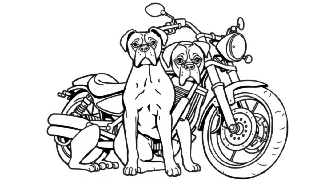 Kleurplaat van twee honden die voor een motorfiets zitten, met een minimalistisch en zwart-wit ontwerp.