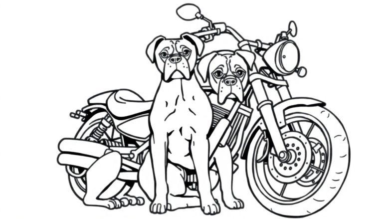 Kleurplaat van twee honden die voor een motorfiets zitten, met een minimalistisch en zwart-wit ontwerp.