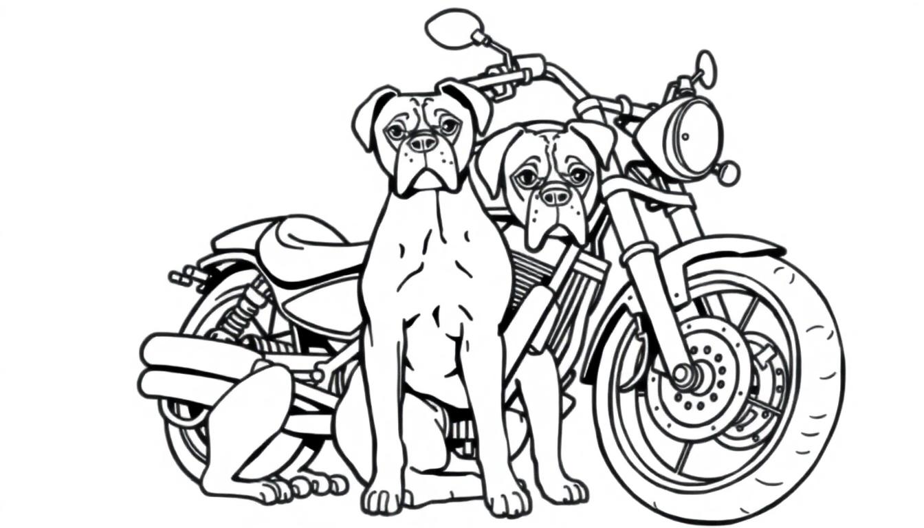 Kleurplaat van twee honden die voor een motorfiets zitten, met een minimalistisch en zwart-wit ontwerp.