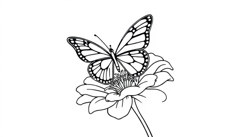 Kleurplaat van een vlinder die op een bloem zit, met gedetailleerde vleugelpatronen en bloemblaadjes.