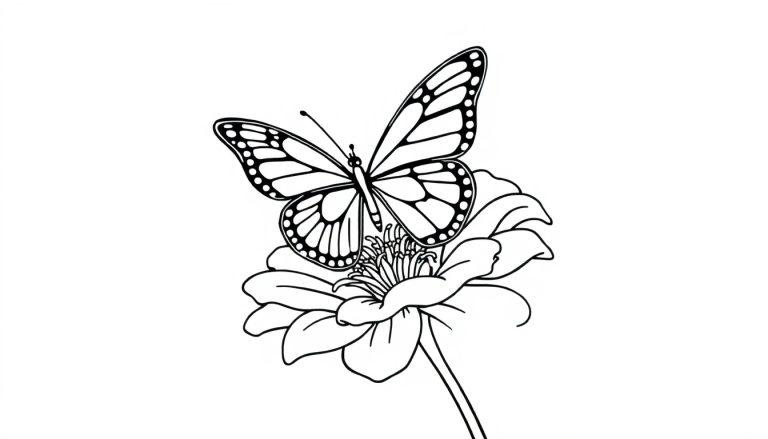 Kleurplaat van een vlinder die op een bloem zit, met gedetailleerde vleugelpatronen en bloemblaadjes.