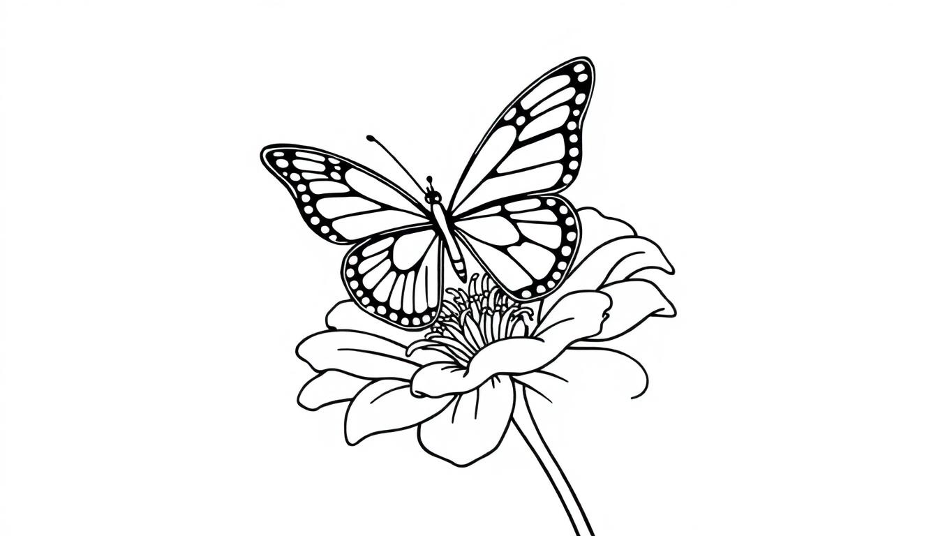 Kleurplaat van een vlinder die op een bloem zit, met gedetailleerde vleugelpatronen en bloemblaadjes.