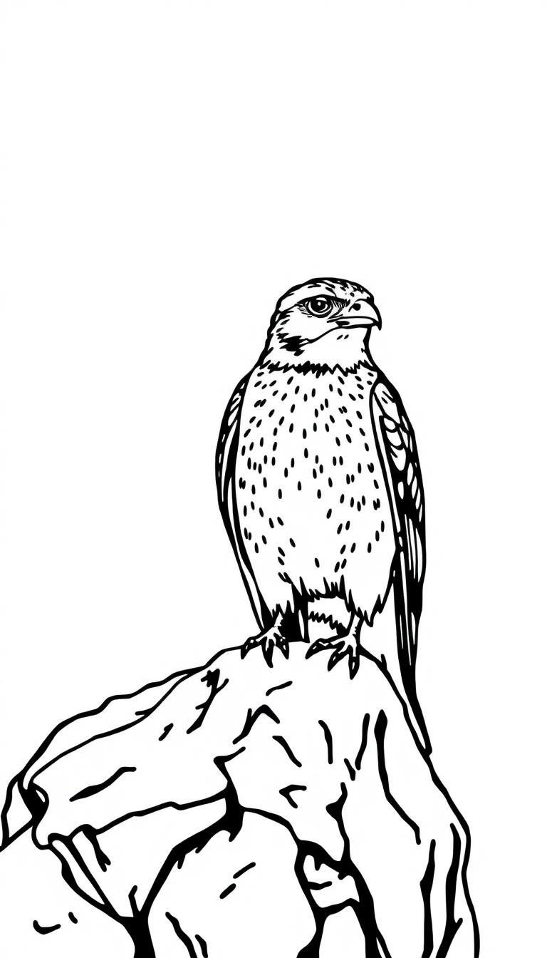 Kleurplaat van een sperwer roofvogel zittend op een rots, in zwart-wit lijntekening.