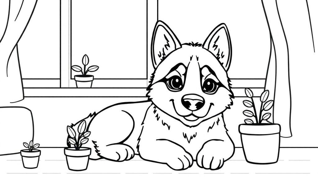 Kleurplaat van een schattige hond met grote vriendelijke ogen, ligt ontspannen in een gezellige kamer met planten en een raam met gordijnen.