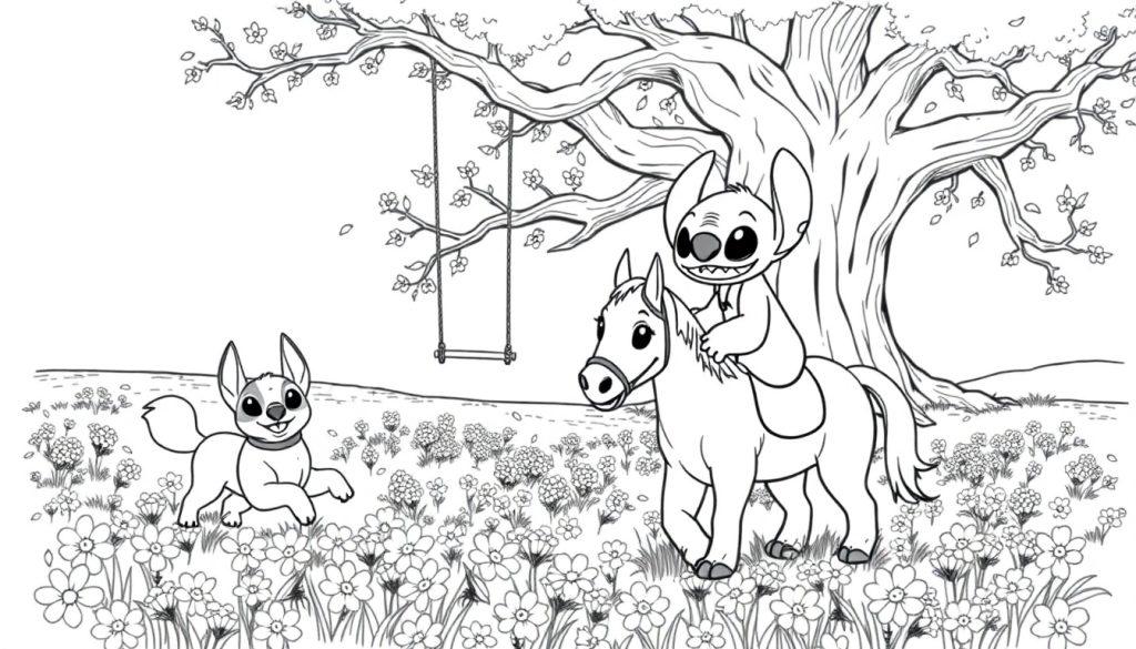 Een kleurplaat van Stitch, die op een paard rijdt, terwijl een hond vrolijk in een bloemenweide loopt in een speelse natuur. Een grote boom met een schommel staat op de achtergrond.