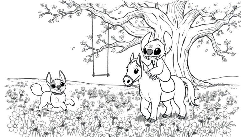 Een kleurplaat van Stitch, die op een paard rijdt, terwijl een hond vrolijk in een bloemenweide loopt in een speelse natuur. Een grote boom met een schommel staat op de achtergrond.
