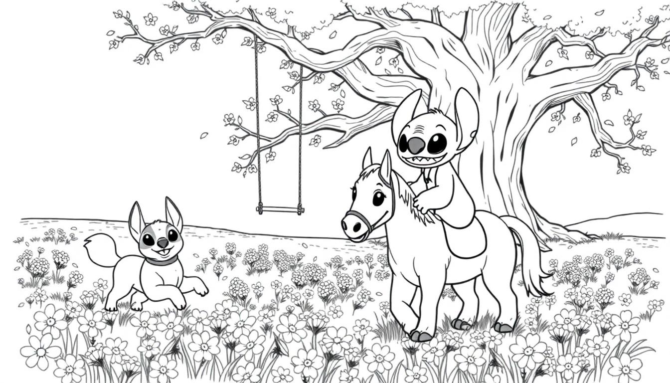 Een kleurplaat van Stitch, die op een paard rijdt, terwijl een hond vrolijk in een bloemenweide loopt in een speelse natuur. Een grote boom met een schommel staat op de achtergrond.