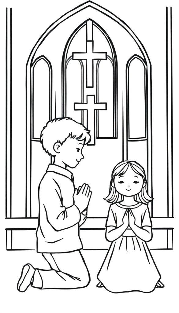 Een kleurplaat van twee kinderen, een jongen en een meisje, die bidden in een kerk met een groot raam met kruis, allemaal in zwart-wit.