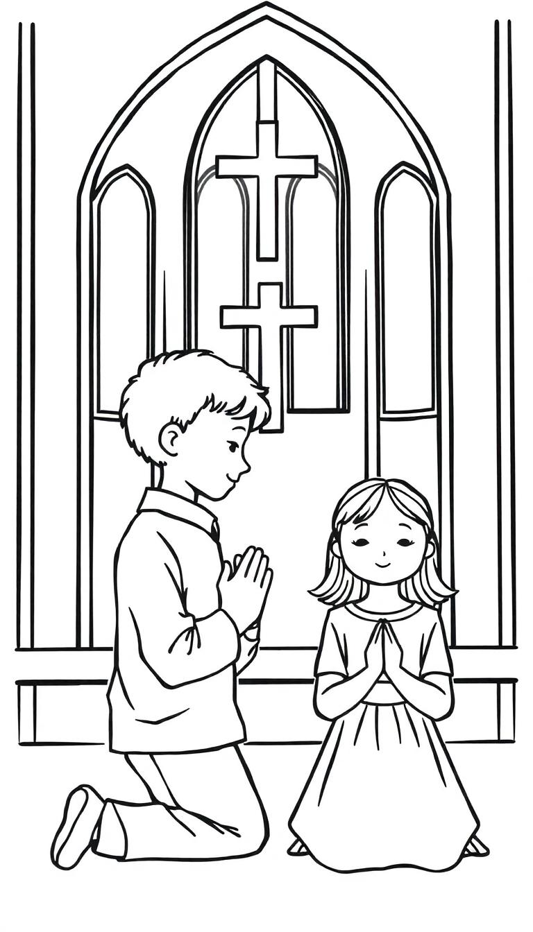 Een kleurplaat van twee kinderen, een jongen en een meisje, die bidden in een kerk met een groot raam met kruis, allemaal in zwart-wit.