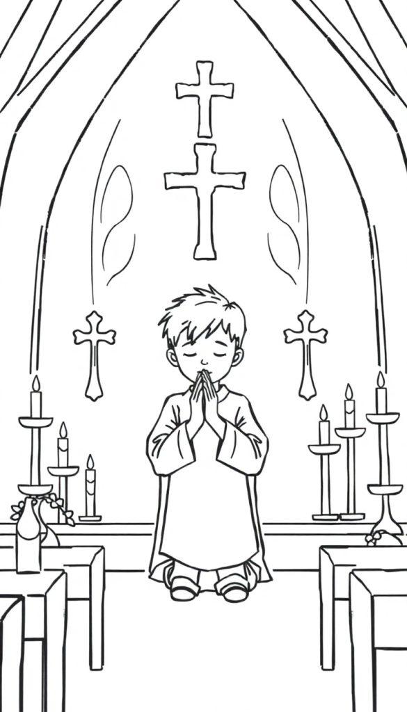 Kleurplaat van een jong kind dat knielt en bidt in de kerk, met gesloten ogen en gevouwen handen, op de achtergrond bogen en kaarsen. Een mooie kleurplaat voor kinderen.