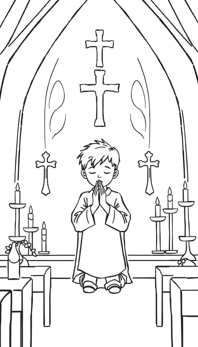 Kleurplaat van een jong kind dat knielt en bidt in de kerk, met gesloten ogen en gevouwen handen, op de achtergrond bogen en kaarsen. Een mooie kleurplaat voor kinderen.