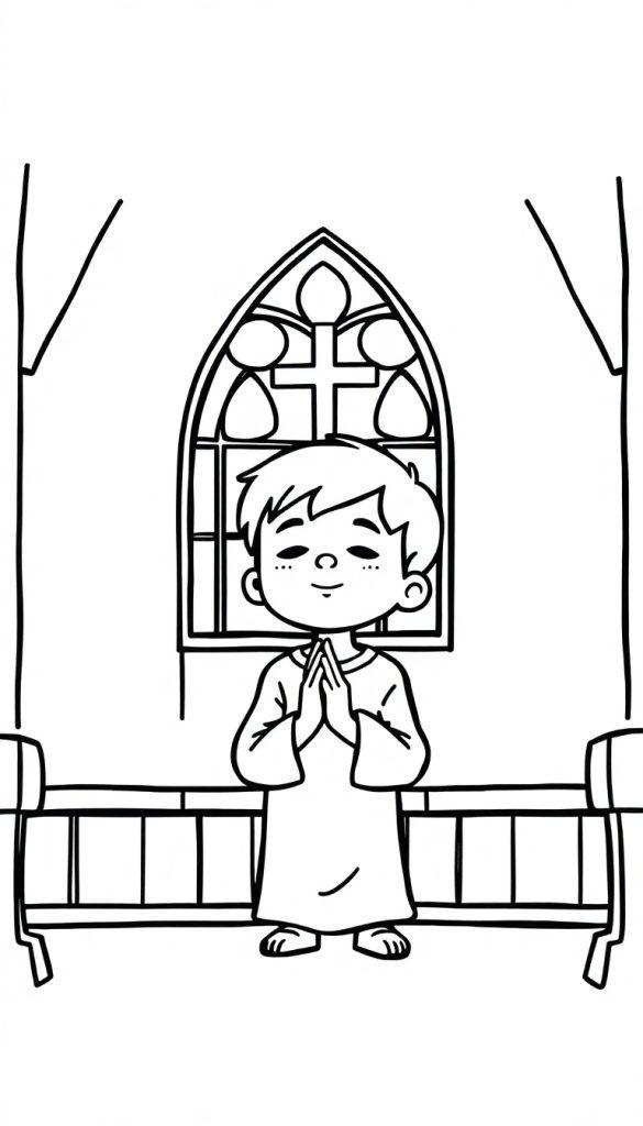 Kleurplaat van een kind dat bidt in de kerk, met handen gevouwen en een groot kerkraam op de achtergrond.