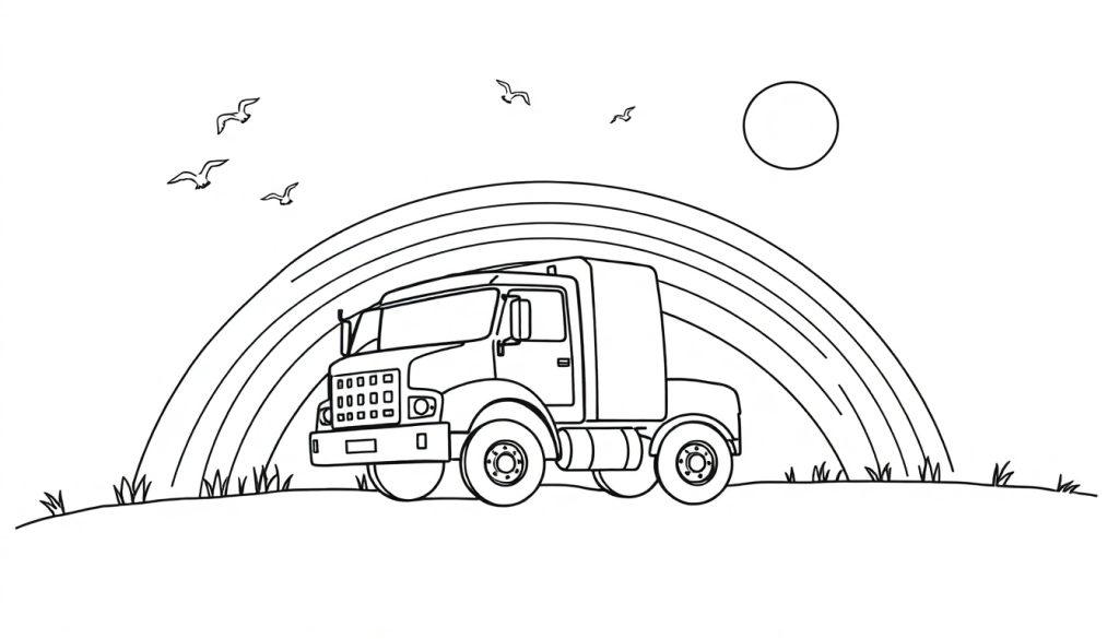Kleurplaat van een vrachtwagen die rijdt over een regenboog, met een zon, vogels en een grasveld.