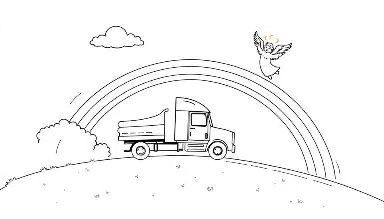 Kleurplaat van een vrachtwagen die over een regenboog rijdt, met een engel die vliegt en een wolk en struiken op de heuvels.