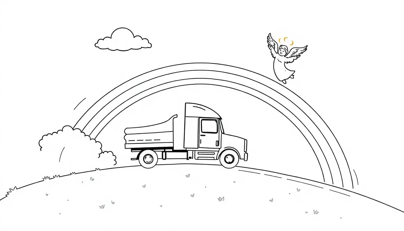 Kleurplaat van een vrachtwagen die over een regenboog rijdt, met een engel die vliegt en een wolk en struiken op de heuvels.