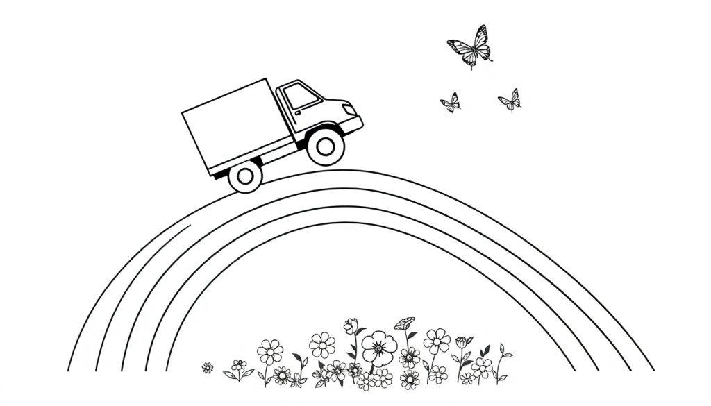 Een kleurplaat van een vrachtwagen die over een regenboog rijdt, met bloemen onder en vlinders in de lucht.