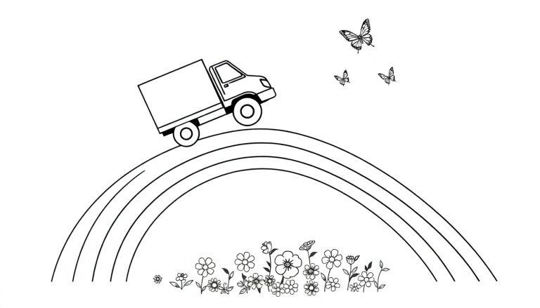 Een kleurplaat van een vrachtwagen die over een regenboog rijdt, met bloemen onder en vlinders in de lucht.