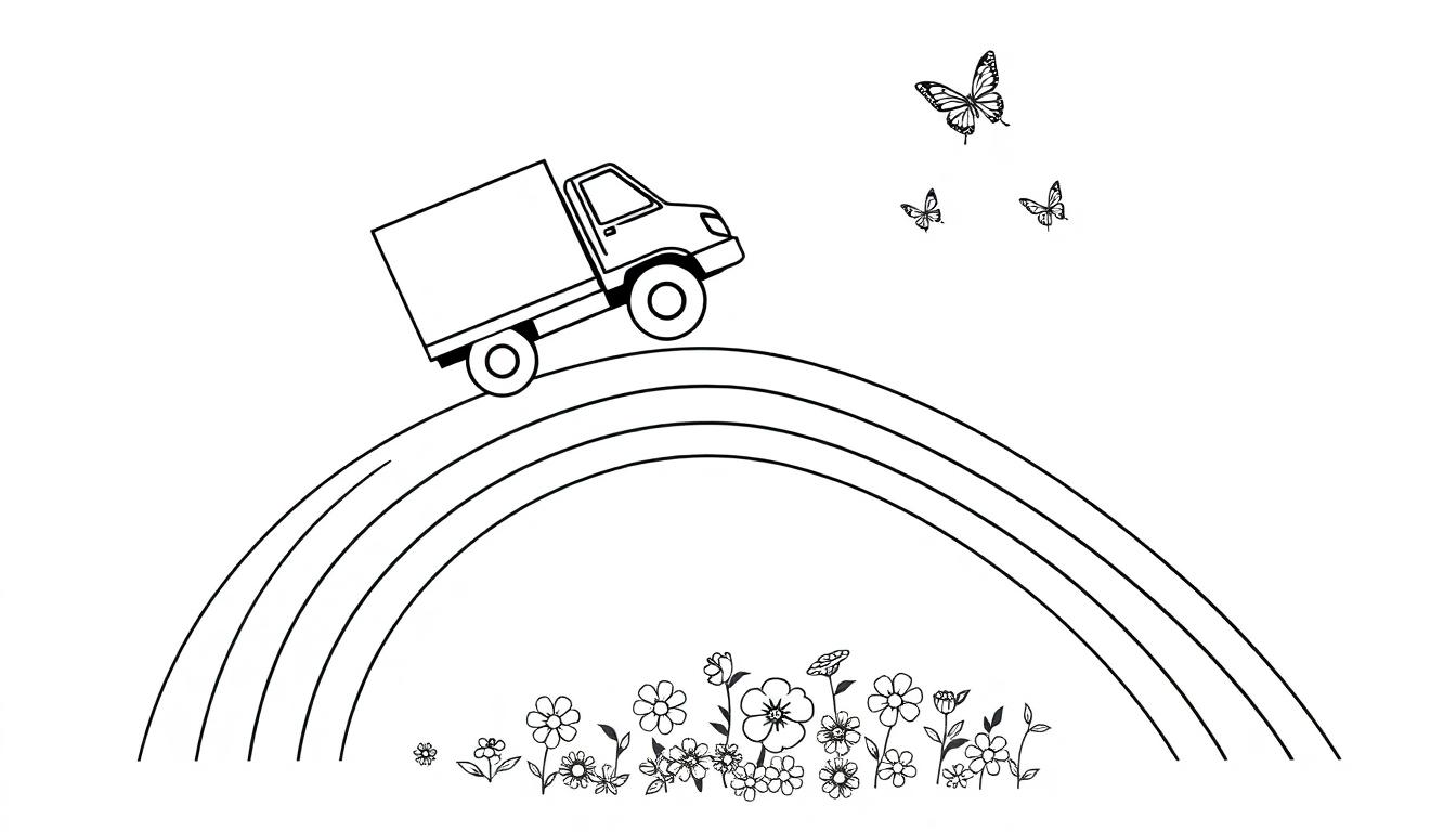 Een kleurplaat van een vrachtwagen die over een regenboog rijdt, met bloemen onder en vlinders in de lucht.