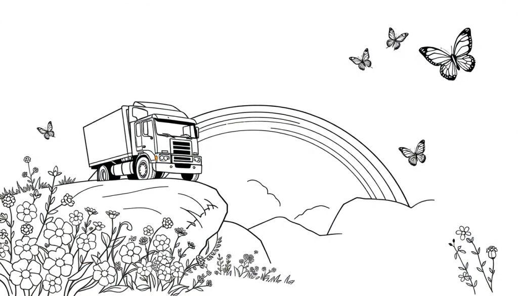 Kleurplaat van een vrachtwagen op een klif met een regenboog, vlinders, bloemen, bergen en wolken.