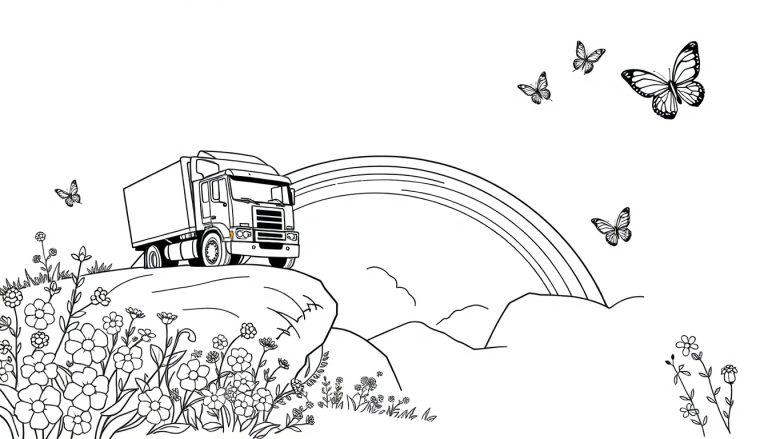Kleurplaat van een vrachtwagen op een klif met een regenboog, vlinders, bloemen, bergen en wolken.