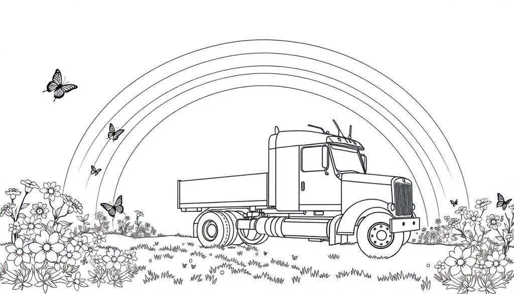 Een kleurplaat van een landschap met een grote vrachtwagen op een regenboog, bloemen, gras en vliegende vlinders.