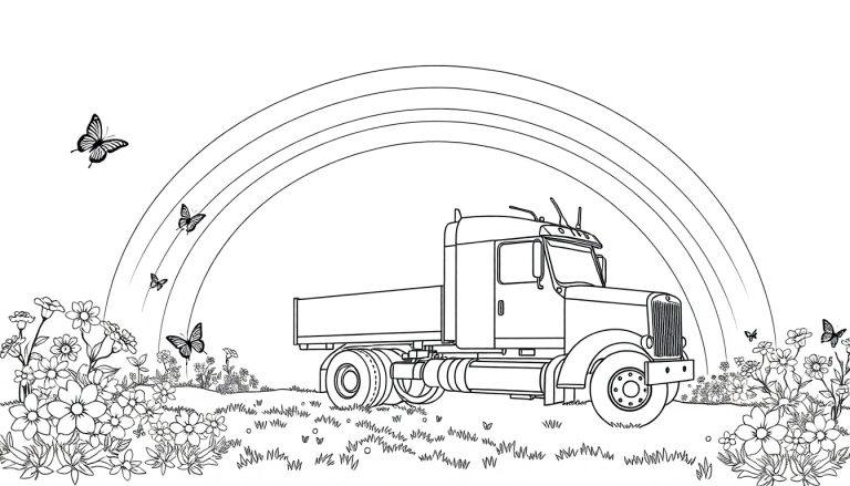 Een kleurplaat van een landschap met een grote vrachtwagen op een regenboog, bloemen, gras en vliegende vlinders.
