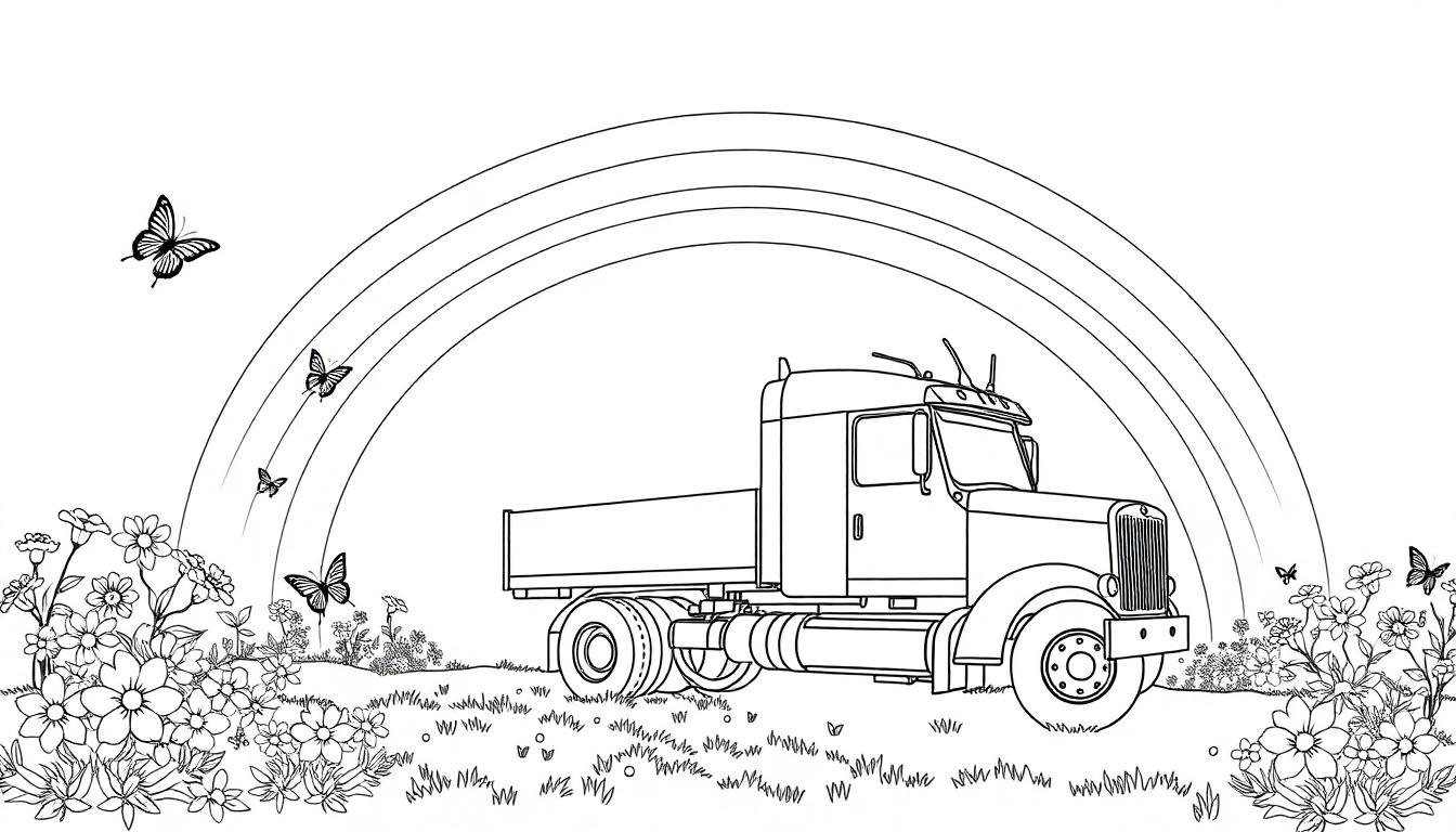 Een kleurplaat van een landschap met een grote vrachtwagen op een regenboog, bloemen, gras en vliegende vlinders.