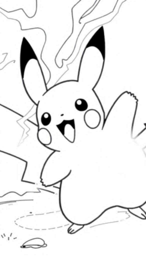 Kleurplaat van een schattig geel paard met elektrische aanval, grote ogen en puntige oren, met bliksem op de achtergrond.