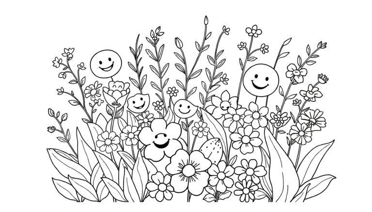 Kleurplaat met bloemen en lachende gezichtjes