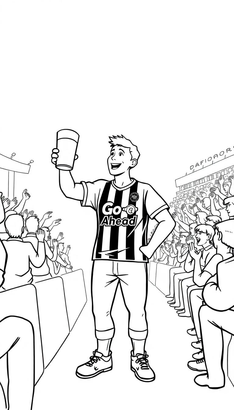 Kleurplaat van een blije supporter met een biertje tijdens een voetbalwedstrijd