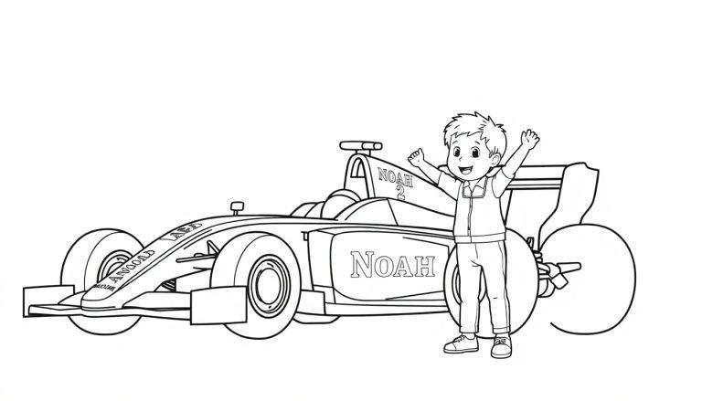 Kleurplaat van een formule 1 raceauto met nummer 2 en de naam Noah, en een blij kind dat naast de auto staat met omhoog gestoken armen.