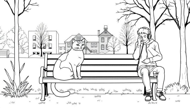 Kleurplaat van een park met een bankje, een kat en een jongen met koptelefoon