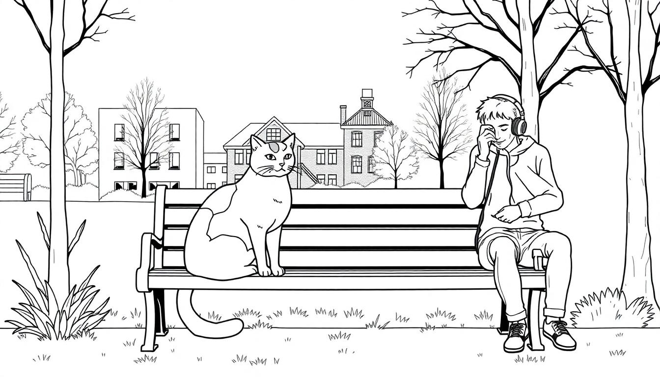 Kleurplaat van een park met een bankje, een kat en een jongen met koptelefoon