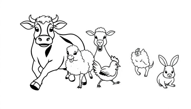 Kleurplaat met cartoonachtige boerderijdieren zoals koe, schaap, geit, kip en konijn die samen spelen met de kinderboerderij op de achtergrond.