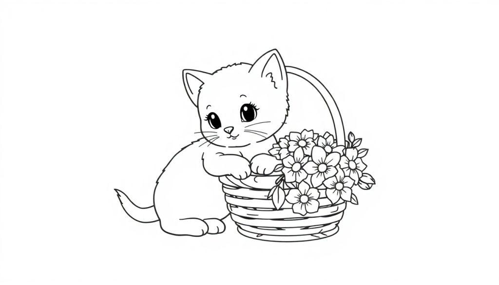 Kleurplaat van een schattige kat die op een mandje met bloemen leunt, klaar om ingekleurd te worden.