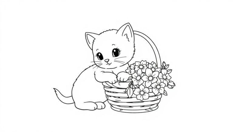 Kleurplaat van een schattige kat die op een mandje met bloemen leunt, klaar om ingekleurd te worden.