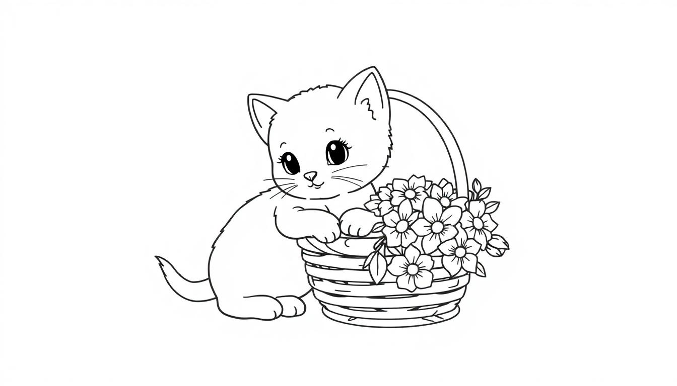 Kleurplaat van een schattige kat die op een mandje met bloemen leunt, klaar om ingekleurd te worden.
