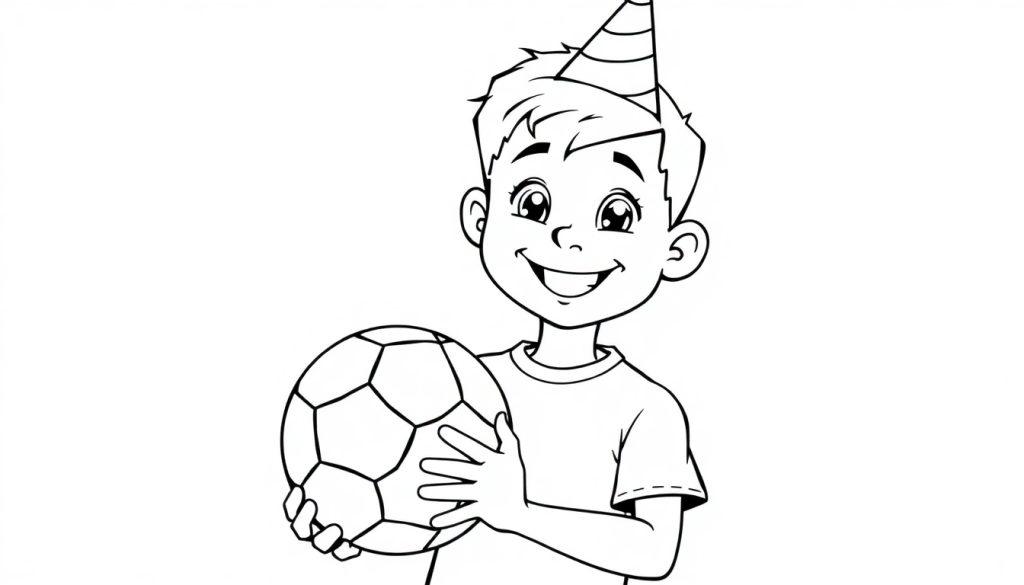 Kleurplaat van een lachende jongen met een feesthoedje die een voetbal vasthoudt