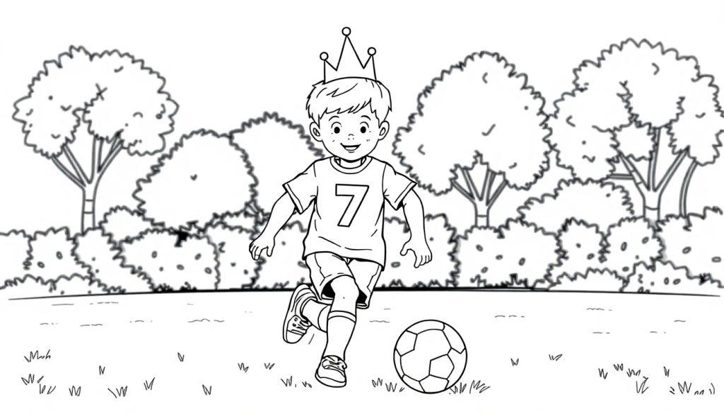 Kleurplaat van een blij jongetje met een kroon die buiten speelt met een voetbal en een vrolijk gezicht.