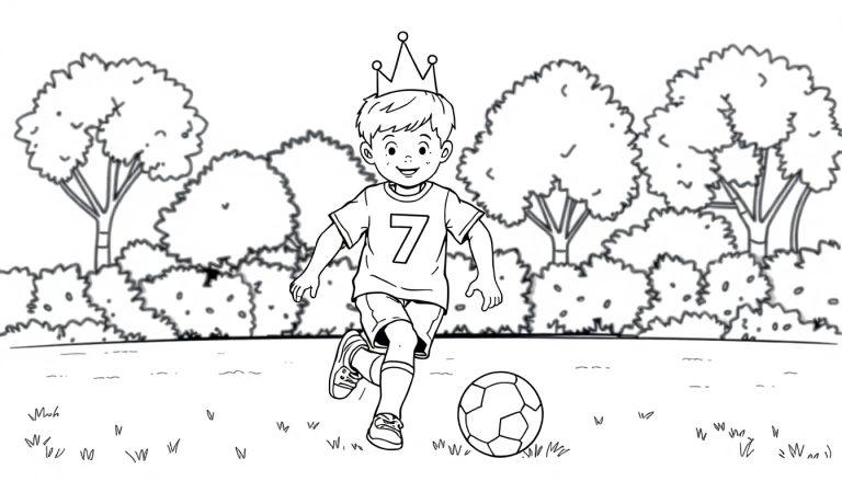 Kleurplaat van een blij jongetje met een kroon die buiten speelt met een voetbal en een vrolijk gezicht.