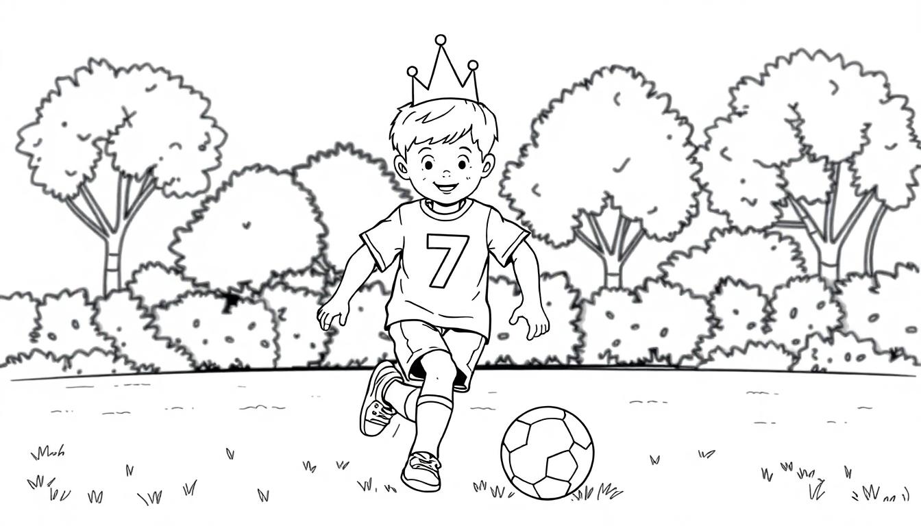Kleurplaat van een blij jongetje met een kroon die buiten speelt met een voetbal en een vrolijk gezicht.