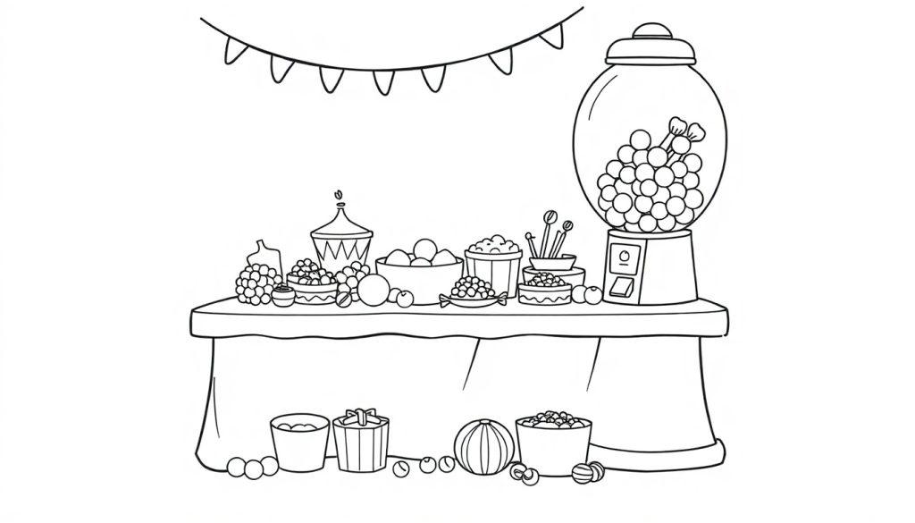 Kleurplaat van een feestelijke tafel vol snoep en lekkernijen, met een snoepautomaat, vlaggetjes en verspreide snoepjes onder de tafel.
