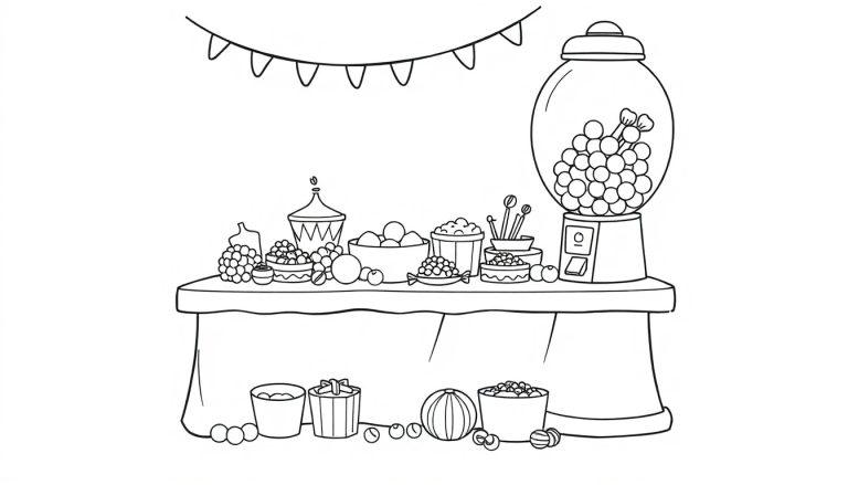 Kleurplaat van een feestelijke tafel vol snoep en lekkernijen, met een snoepautomaat, vlaggetjes en verspreide snoepjes onder de tafel.