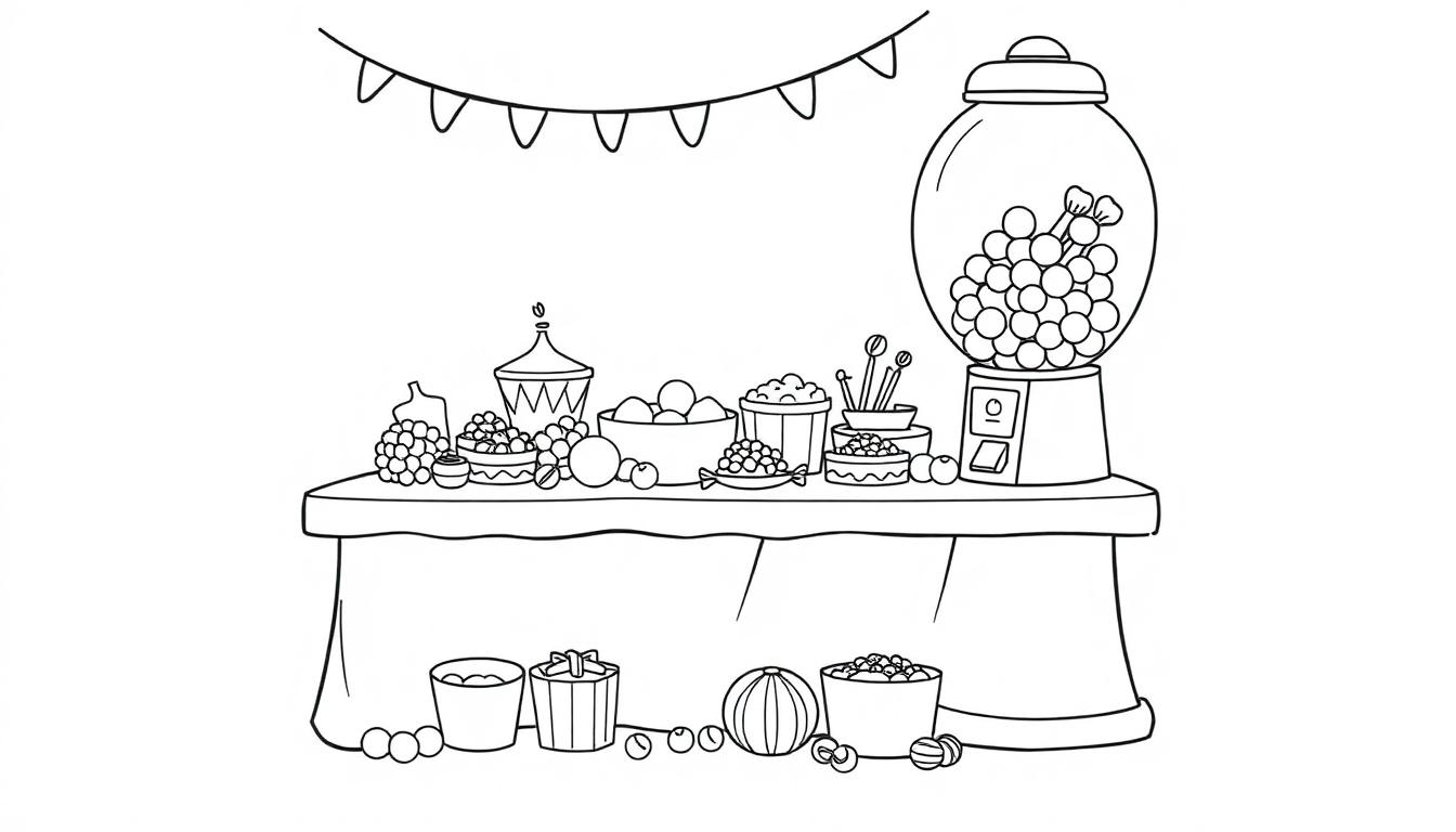 Kleurplaat van een feestelijke tafel vol snoep en lekkernijen, met een snoepautomaat, vlaggetjes en verspreide snoepjes onder de tafel.