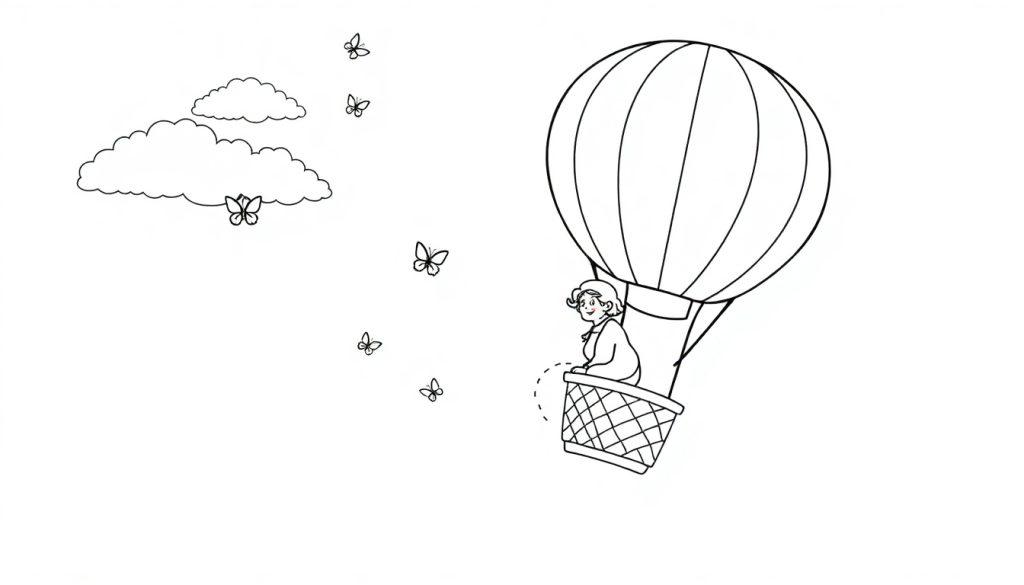 Kleurplaat van een oma in een luchtballon met vlinders en wolken, eenvoudig en vrolijk getekend.