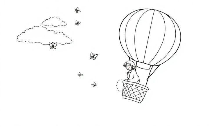 Kleurplaat van een oma in een luchtballon met vlinders en wolken, eenvoudig en vrolijk getekend.