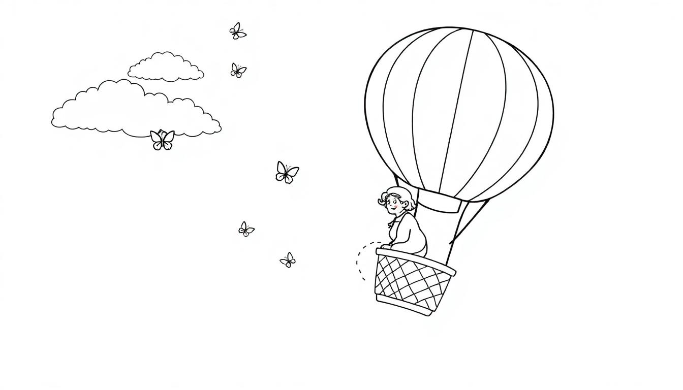 Kleurplaat van een oma in een luchtballon met vlinders en wolken, eenvoudig en vrolijk getekend.